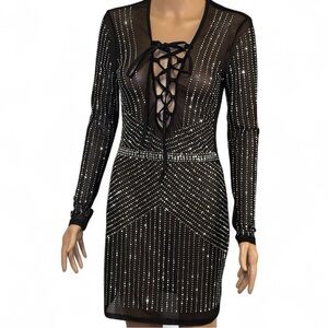 Sexy Black Mesh Bodycon Party Dress Diamonds Rhinestone Long Sleeve Lace Up Bust